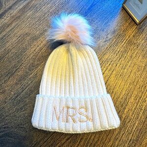 "Mrs" Embroidered Pom-Pom Beanie Hat, Cream with Blush Pom-Pom